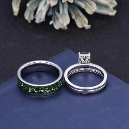 2ct Emerald Cut Moss Agate Couple Ring Set Sterling Silver Vintage Hidden Halo Moss Agate Engagement Ring Promise Anniversary Matching Rings