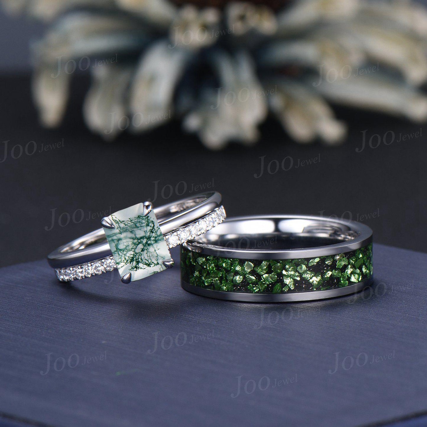2ct Emerald Cut Moss Agate Couple Ring Set Sterling Silver Vintage Hidden Halo Moss Agate Engagement Ring Promise Anniversary Matching Rings