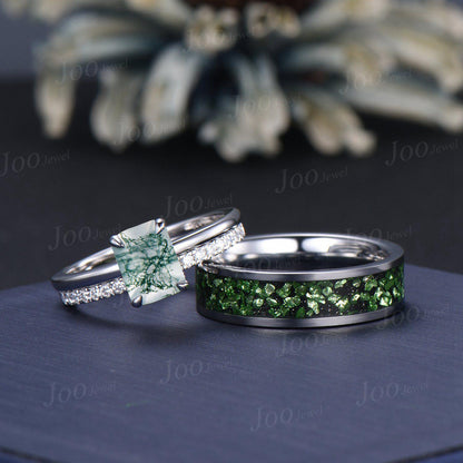 2ct Emerald Cut Moss Agate Couple Ring Set Sterling Silver Vintage Hidden Halo Moss Agate Engagement Ring Promise Anniversary Matching Rings
