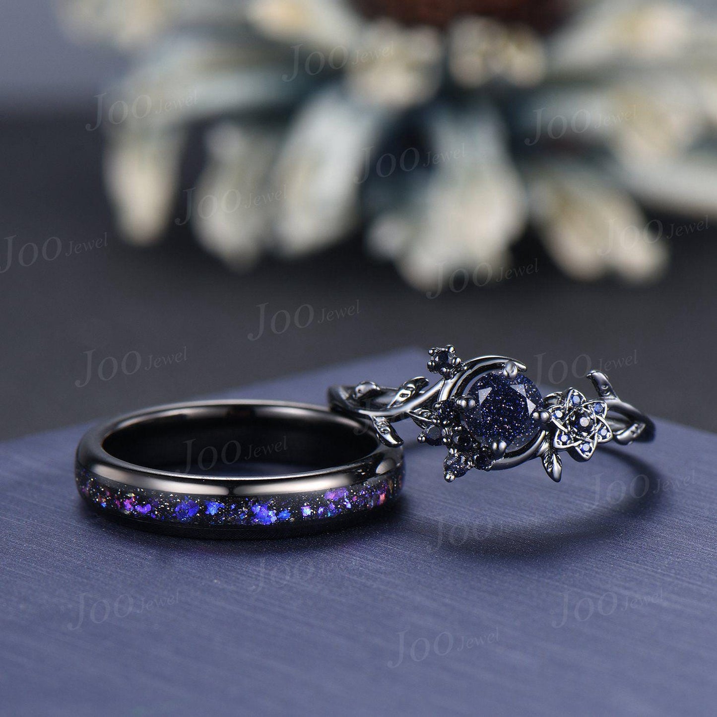 5mm Round Cut Galaxy Blue Sandstone Sapphire Black Wedding Ring Unique Moon Leaf Vine Celestial Nebula Engagement Ring Gothic Promise Ring