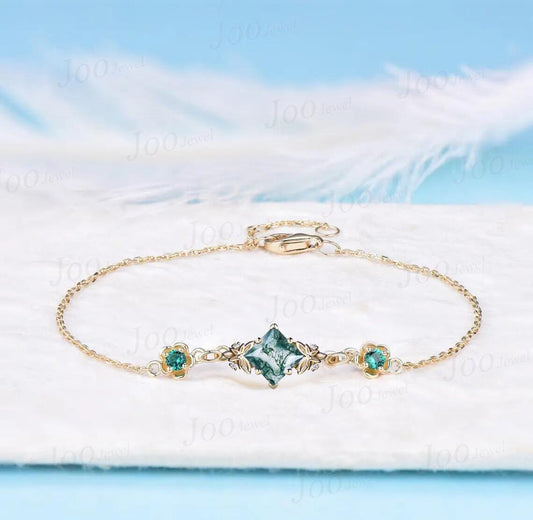 Princess Cut Natural Moss Agate Flower Chain Bracelet Genuine Agate Emerald Adjustable Bracelet Unique Birthday/Graduation/Anniversary Gifts