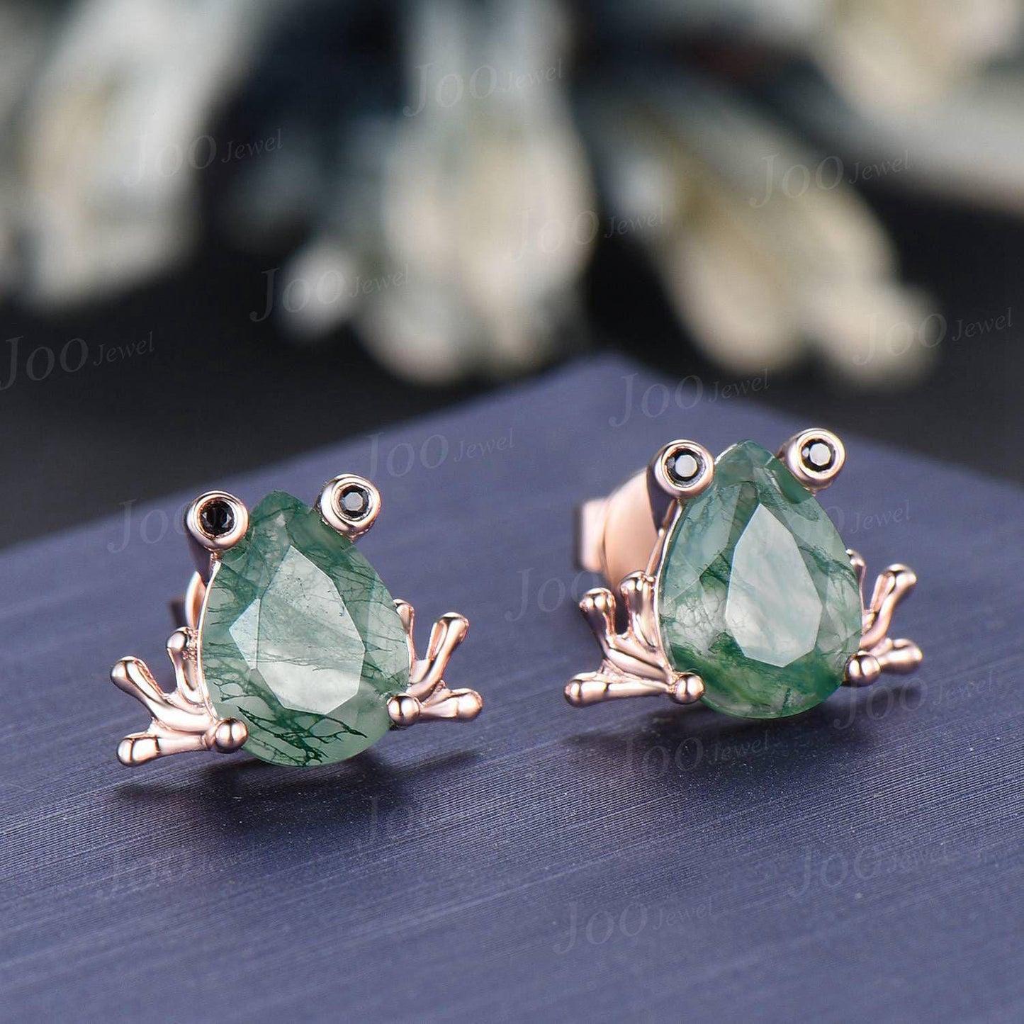 1.25ct Pear Cut Natural Moss Agate Frog Earrings | Nature-Inspired Frog Studs | Unique Amphibian Jewelry Gift for Women| Moss Agate Earrings