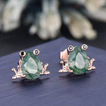 1.25ct Pear Cut Natural Moss Agate Frog Earrings | Nature-Inspired Frog Studs | Unique Amphibian Jewelry Gift for Women| Moss Agate Earrings