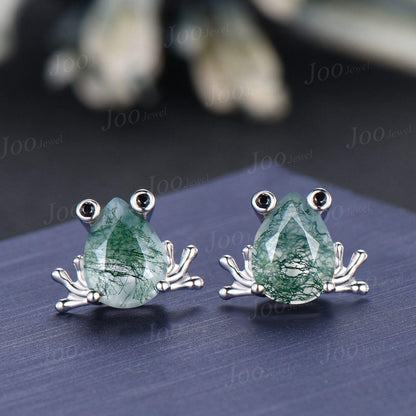 1.25ct Pear Cut Natural Moss Agate Frog Earrings | Nature-Inspired Frog Studs | Unique Amphibian Jewelry Gift for Women| Moss Agate Earrings