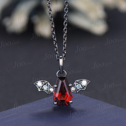 Gothic Coffin Natural Red Garnet Necklace Vintage Vampire Bat Wing Pendant 14K Rose Gold Bridal Necklace for Women January Birthstone Gift