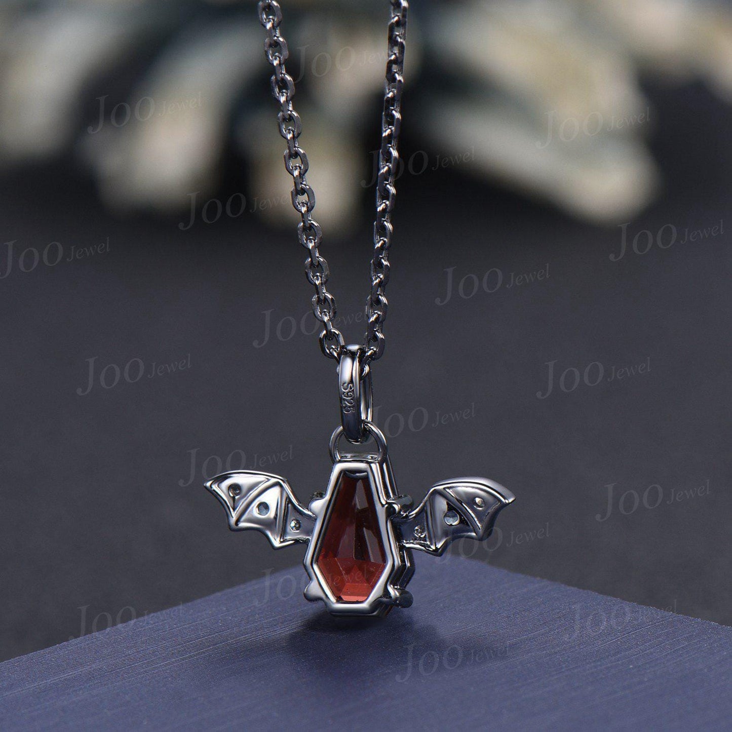 Gothic Coffin Natural Red Garnet Necklace Vintage Vampire Bat Wing Pendant 14K Rose Gold Bridal Necklace for Women January Birthstone Gift
