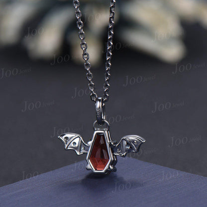 Gothic Coffin Natural Red Garnet Necklace Vintage Vampire Bat Wing Pendant 14K Rose Gold Bridal Necklace for Women January Birthstone Gift