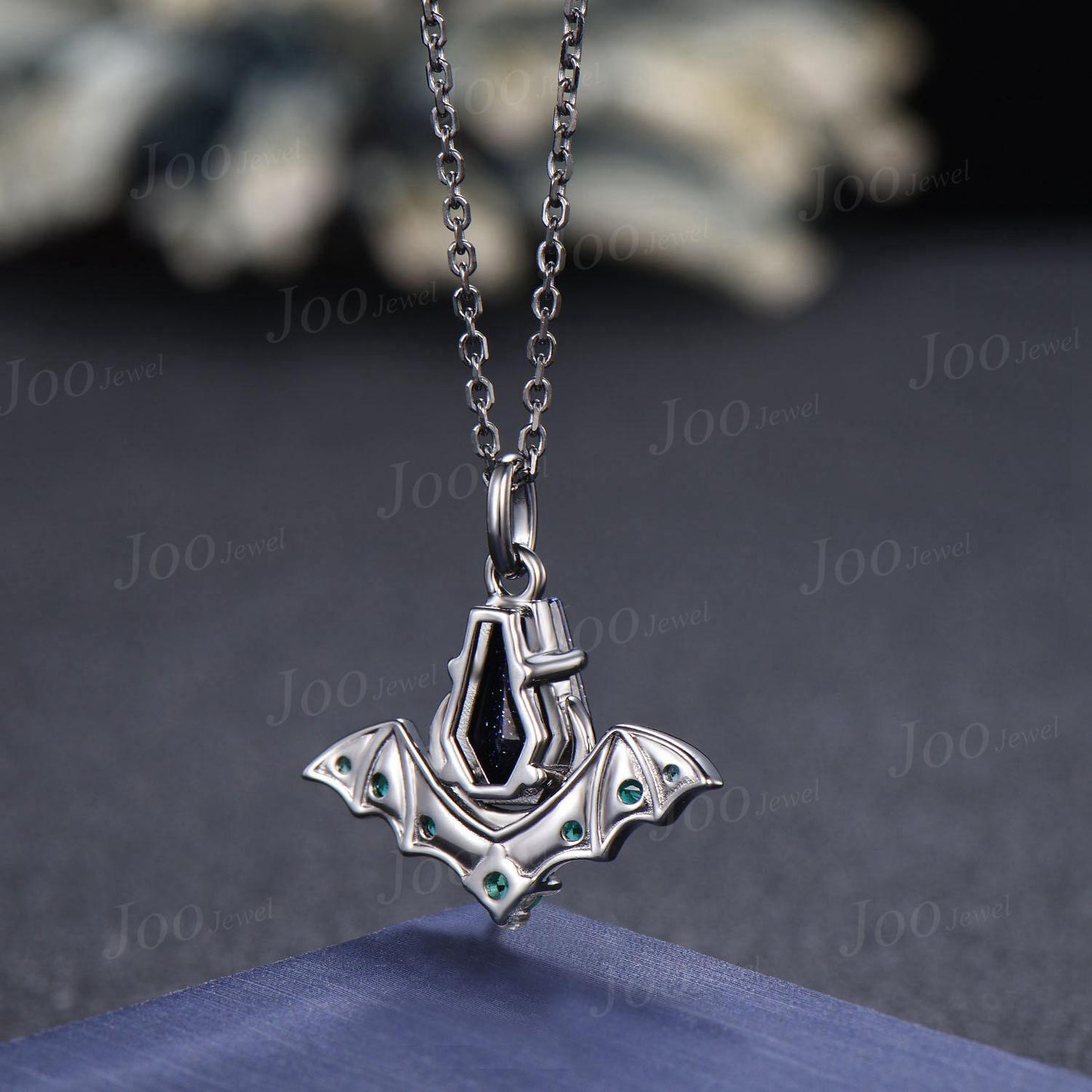 Natural Coffin Cut Moss Agate Pendant Necklace 14K Solid Black Gold Gothic Bat Wing Moon Emerald Necklace Unique Statement Jewelry for Her