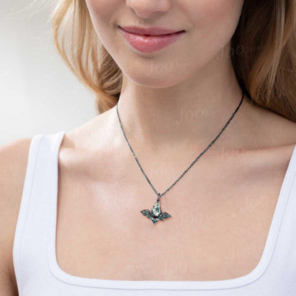 Natural Coffin Cut Moss Agate Pendant Necklace 14K Solid Black Gold Gothic Bat Wing Moon Emerald Necklace Unique Statement Jewelry for Her