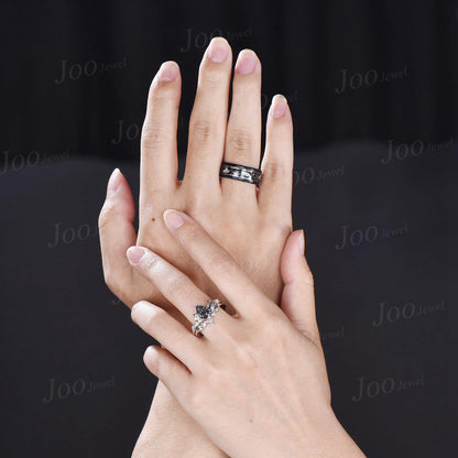 2pcs Pear Cut Natural Black Rutilated Quartz & Meteorite Couples Ring Set-His and Hers Wedding Band-Silver Tungsten Matching Promise Rings