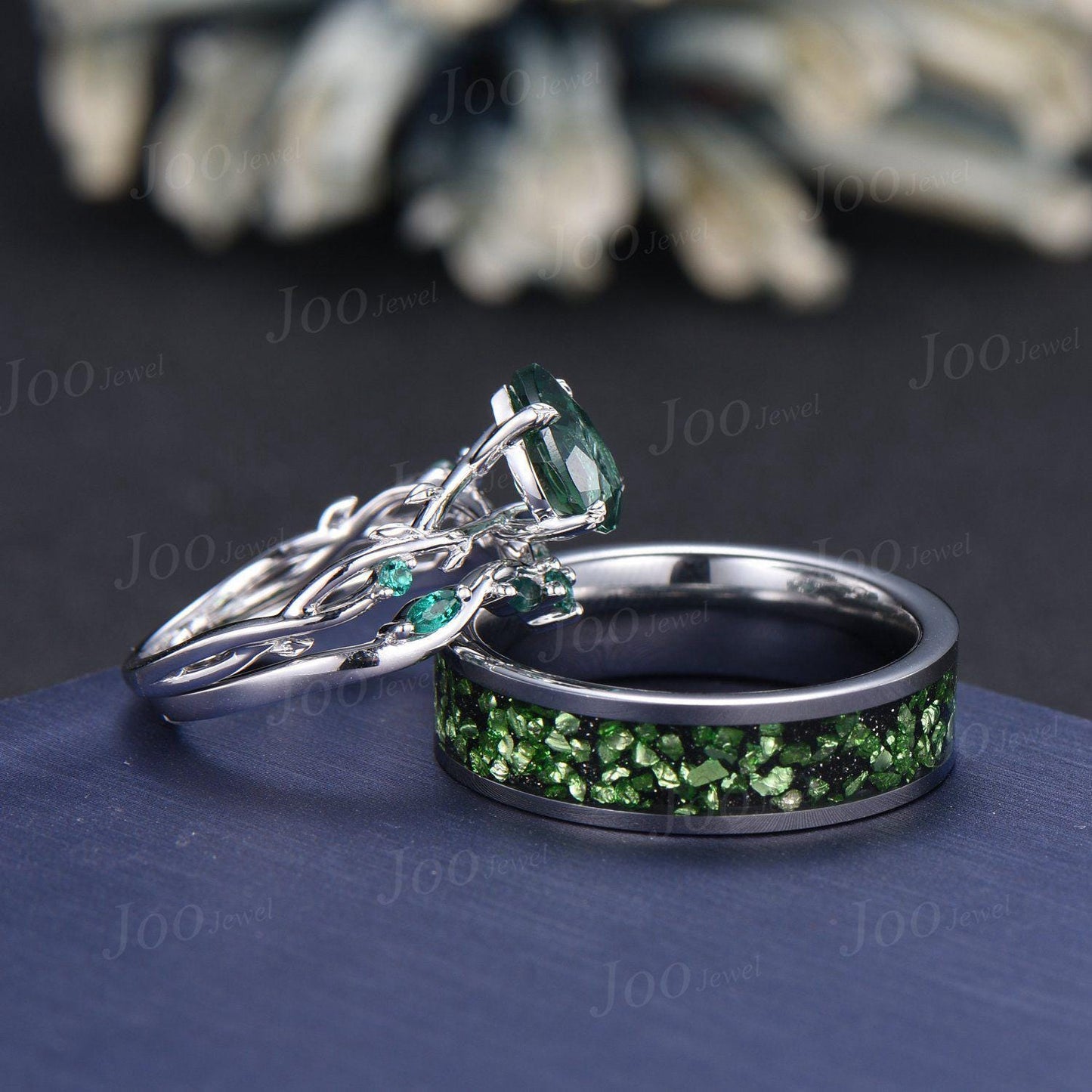 Sterling Silver 1.25ct Pear Cut Twig Vine Branch Green Sapphire Couple Ring Set Nature Inspired Wedding Ring Men Tungsten Band Matching Ring