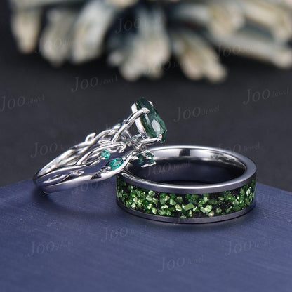 Sterling Silver 1.25ct Pear Cut Twig Vine Branch Green Sapphire Couple Ring Set Nature Inspired Wedding Ring Men Tungsten Band Matching Ring