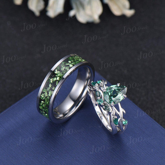 Sterling Silver 1.25ct Pear Cut Twig Vine Branch Green Sapphire Couple Ring Set Nature Inspired Wedding Ring Men Tungsten Band Matching Ring