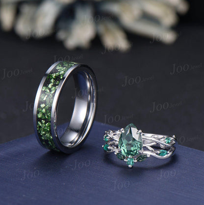 Sterling Silver 1.25ct Pear Cut Twig Vine Branch Green Sapphire Couple Ring Set Nature Inspired Wedding Ring Men Tungsten Band Matching Ring