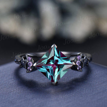 2ct Princess Cut Color-Change Alexandrite Sandstone Ring Gothic Black Gold Proposal Ring June Birthstone Ring Anniversary Gifts for Women