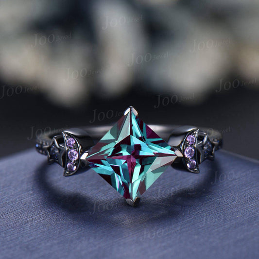 2ct Princess Cut Color-Change Alexandrite Sandstone Ring Gothic Black Gold Proposal Ring June Birthstone Ring Anniversary Gifts for Women
