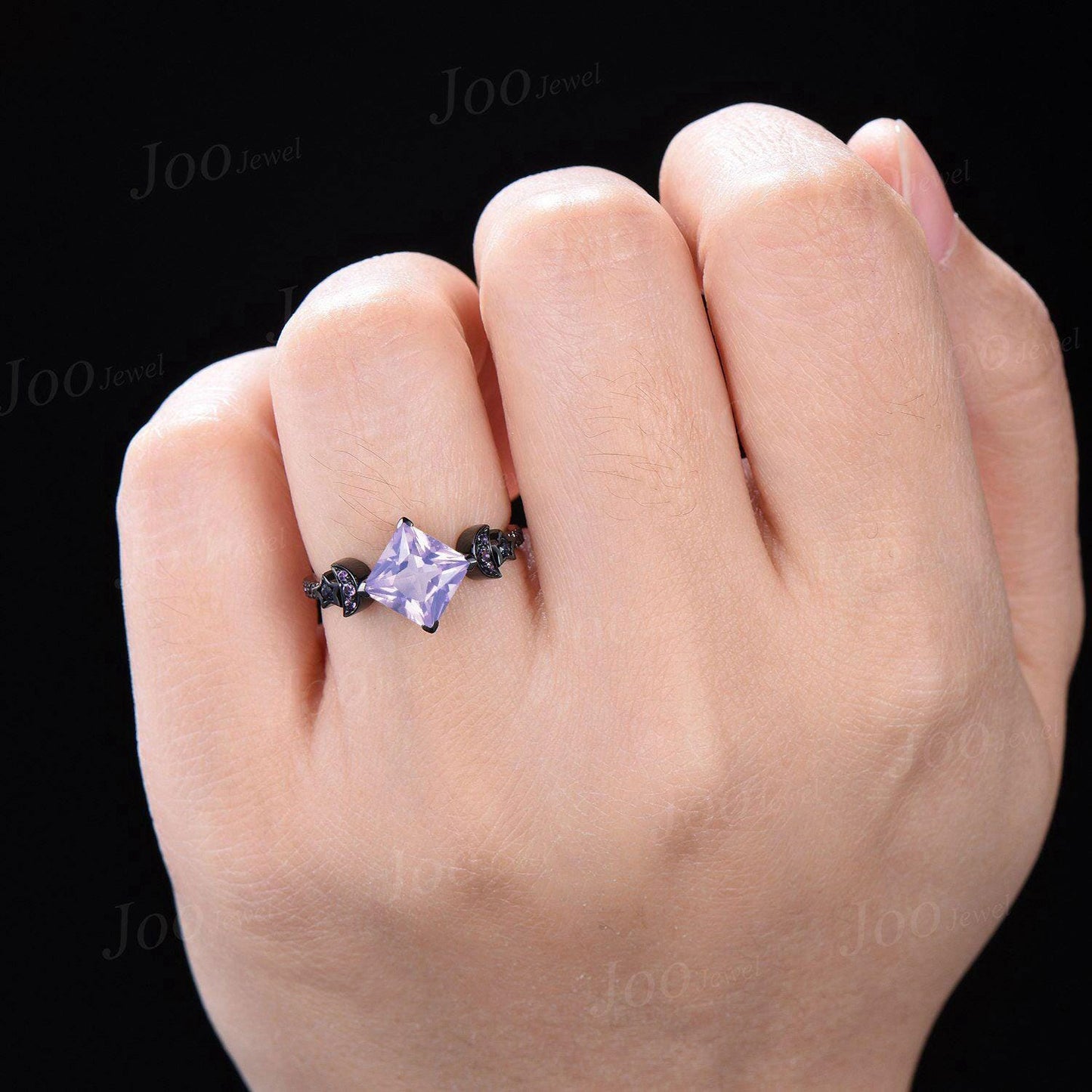 2ct Princess Cut Natural Lavender Amethyst Sandstone Moon Star Wedding Ring Goth Black Gold Proposal Ring Romantic Birthday Gifts for Women