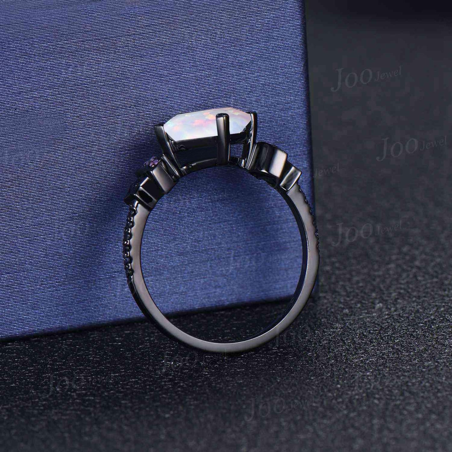 2ct Princess White Opal Engagement Ring Sandstone Amethyst Moon Star Wedding Ring Unique Black Gold Band October Birthstone Gifts for Women