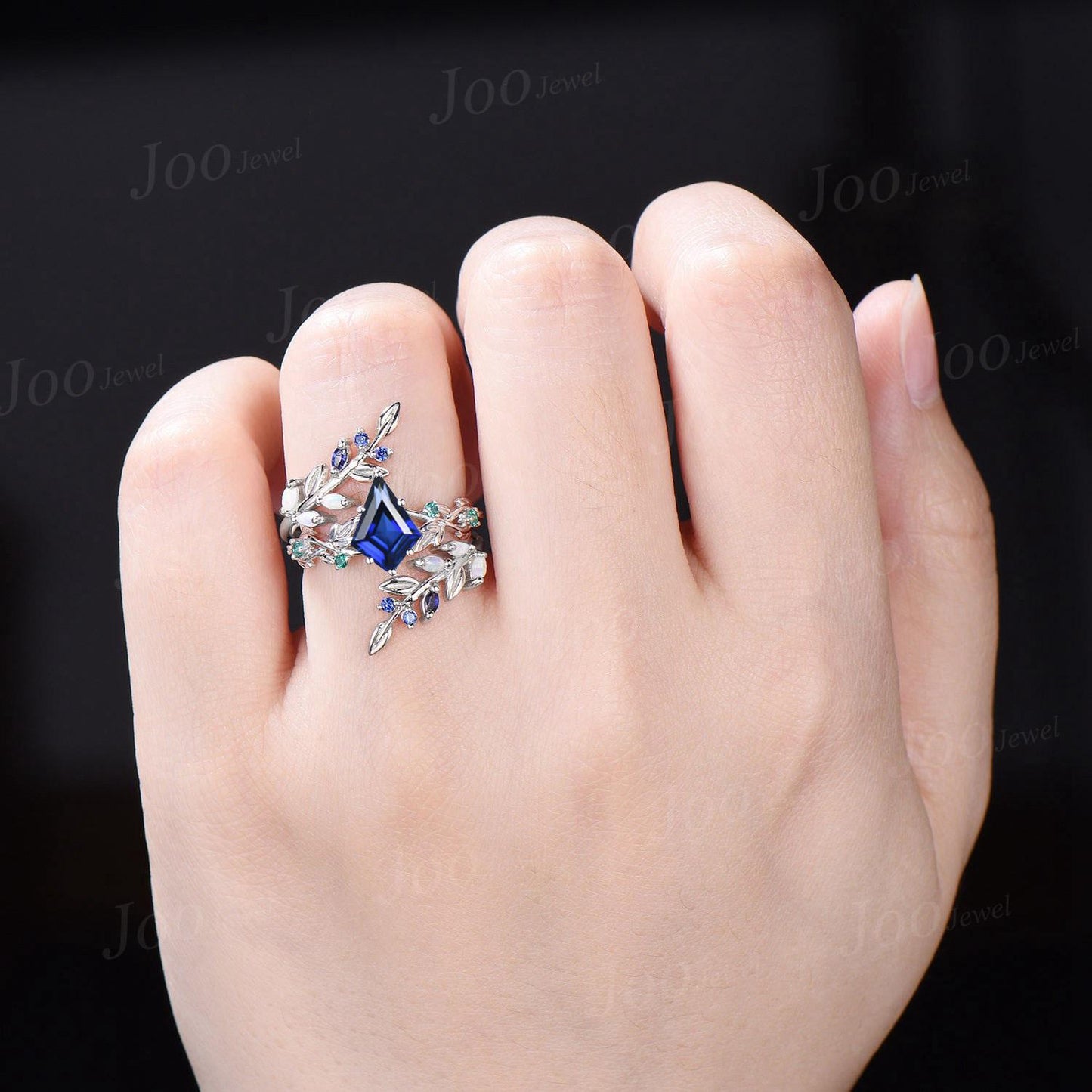 Kite Cut Blue Sapphire Leaf Engagement Ring Set Sterling Silver Sapphire Bypass Enchanted Vine Branch Bridal Set Double Curved Jacket Band
