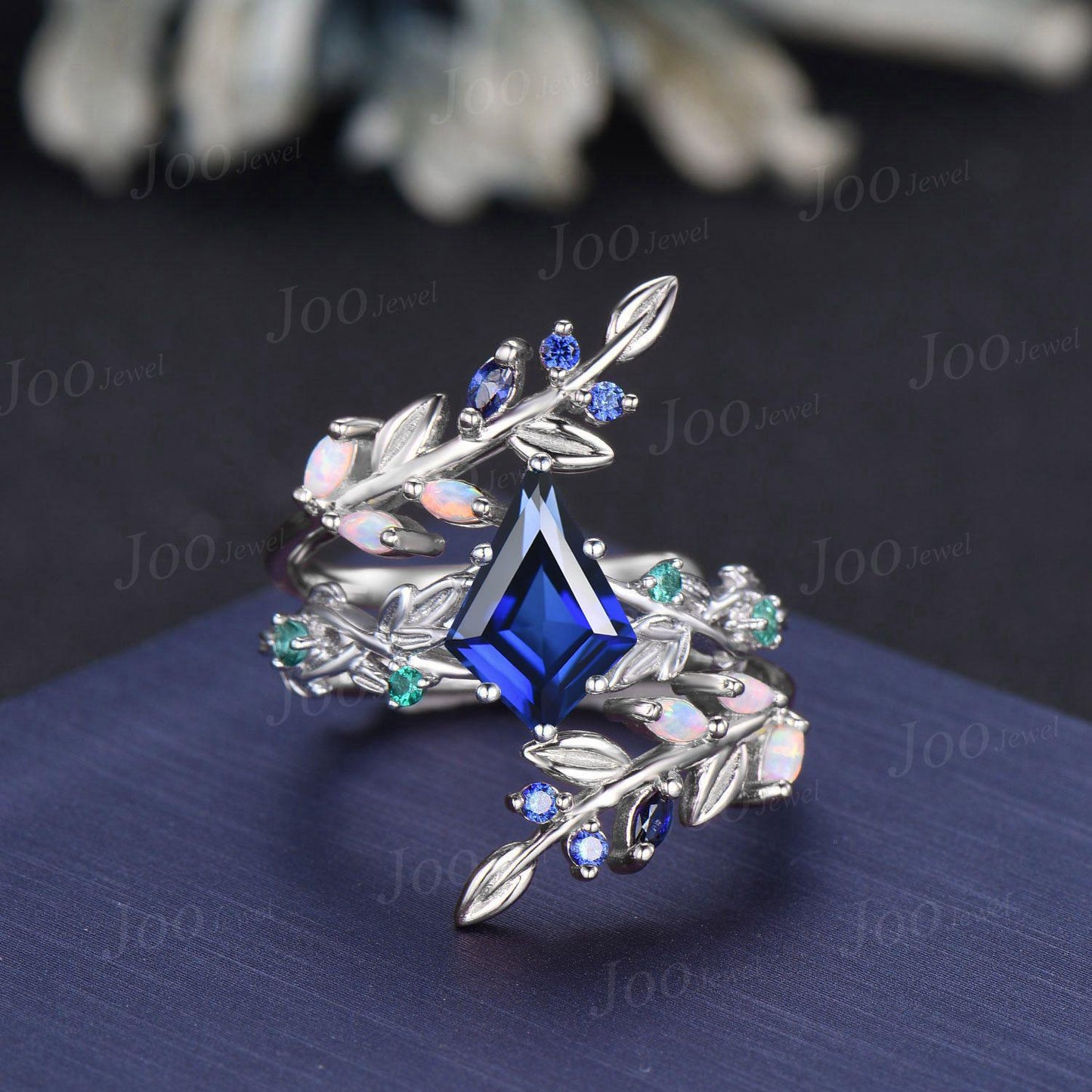 Kite Cut Blue Sapphire Leaf Engagement Ring Set Sterling Silver Sapphire Bypass Enchanted Vine Branch Bridal Set Double Curved Jacket Band