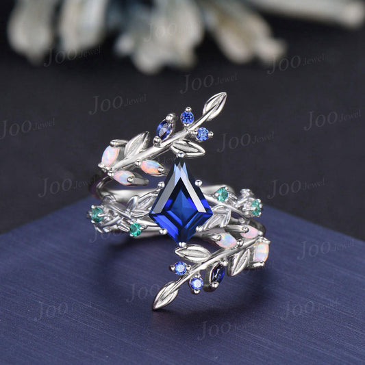 Kite Cut Blue Sapphire Leaf Engagement Ring Set Sterling Silver Sapphire Bypass Enchanted Vine Branch Bridal Set Double Curved Jacket Band