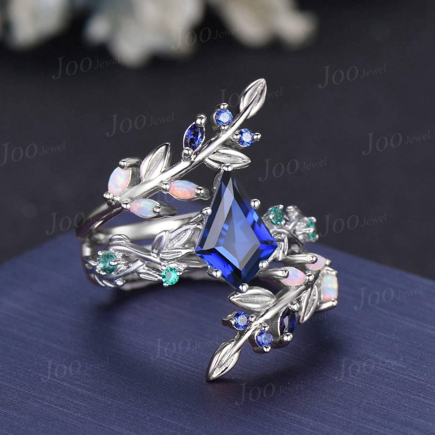 Kite Cut Blue Sapphire Leaf Engagement Ring Set Sterling Silver Sapphire Bypass Enchanted Vine Branch Bridal Set Double Curved Jacket Band