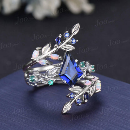 Kite Cut Blue Sapphire Leaf Engagement Ring Set Sterling Silver Sapphire Bypass Enchanted Vine Branch Bridal Set Double Curved Jacket Band