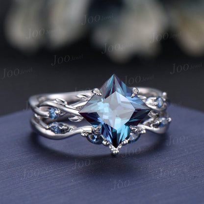 2CT Princess Cut Color-Change Alexandrite Blue Moissanite Ring Set Sterling Silver Proposal Ring June Birthstone Bridal Set Anniversary Gift