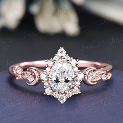 Pear Wedding Ring Dainty Moissanite Halo Engagement Ring Nature Inspired Moon Cluster Diamond Bridal Ring Unique Anniversary Gifts for Women