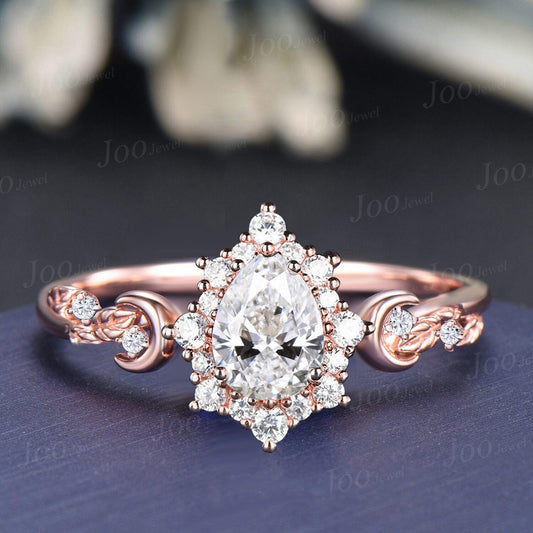 Pear Wedding Ring Dainty Moissanite Halo Engagement Ring Nature Inspired Moon Cluster Diamond Bridal Ring Unique Anniversary Gifts for Women