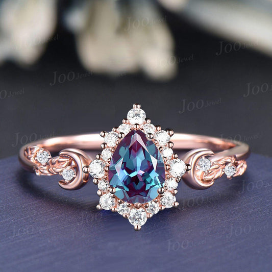 Halo Alexandrite Engagement Ring 10K Rose Gold Pear Shaped Color-Change Alexandrite Wedding Ring Personalized June Birthstone Gift for Women