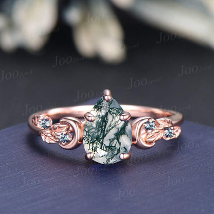1.25ct Pear Cut Natural Moss Agate Moon Leaf Engagement Ring Cluster Alexandrite Wedding Ring Rose Gold Branch Moss Agate Bridal Ring Women