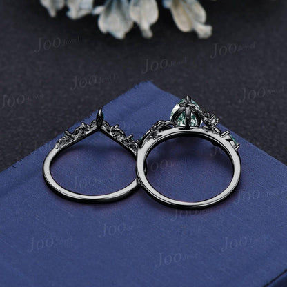 Natural Green Moss Agate Emerald Twig Vine Engagement Ring Set 1.25ct Pear Moss Agate Wedding Ring Non-Traditional Goth Black Promise Rings
