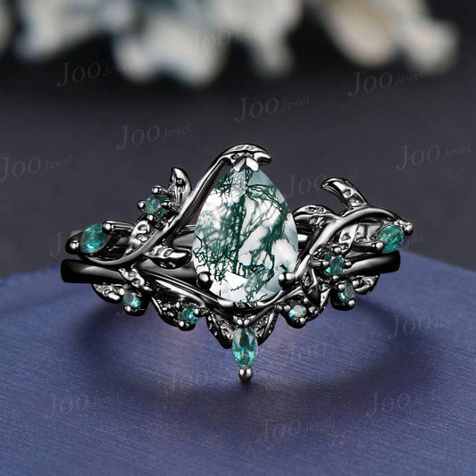 Natural Green Moss Agate Emerald Twig Vine Engagement Ring Set 1.25ct Pear Moss Agate Wedding Ring Non-Traditional Goth Black Promise Rings
