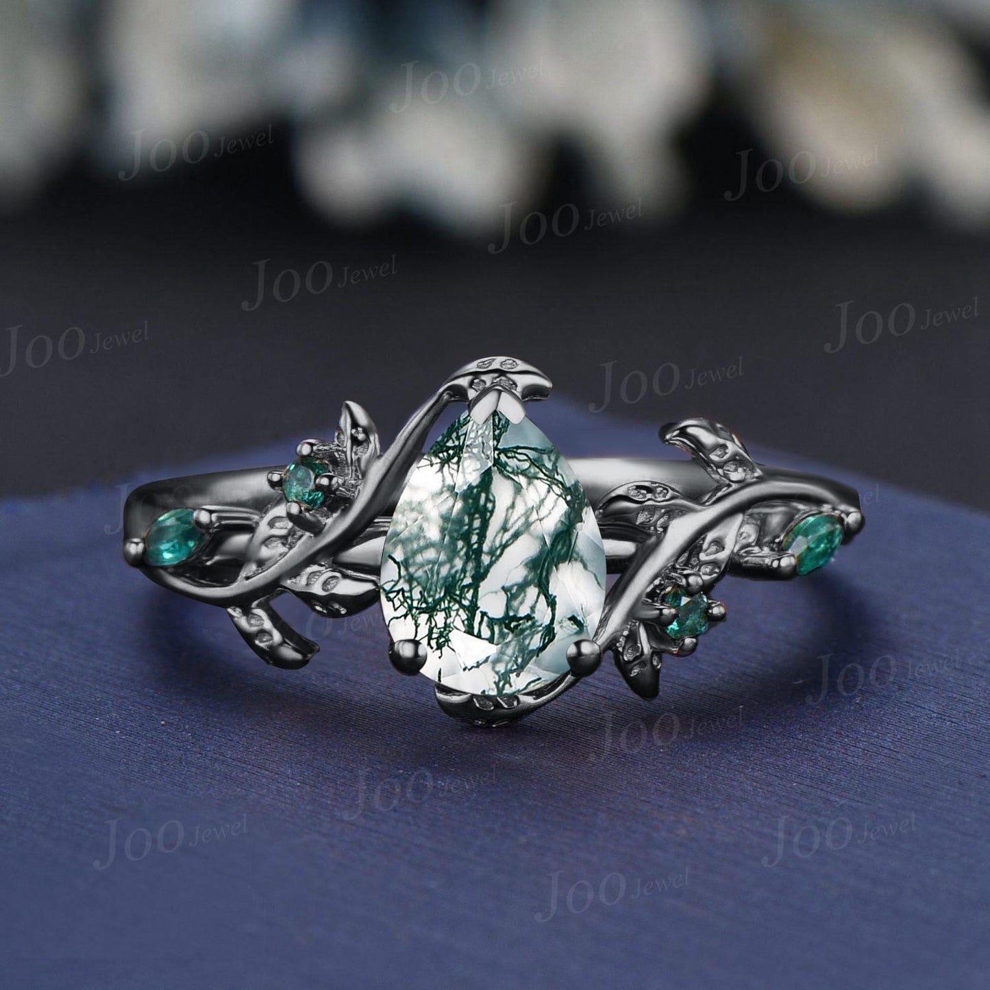 Natural Green Moss Agate Emerald Twig Vine Engagement Ring Set 1.25ct Pear Moss Agate Wedding Ring Non-Traditional Goth Black Promise Rings
