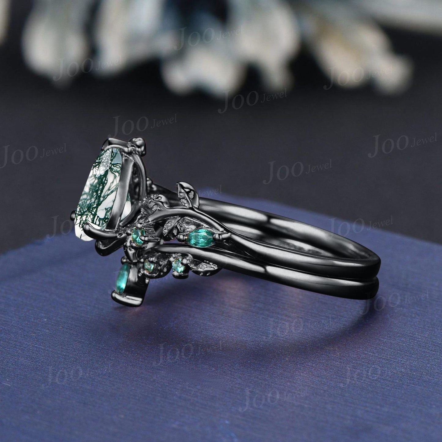 Natural Green Moss Agate Emerald Twig Vine Engagement Ring Set 1.25ct Pear Moss Agate Wedding Ring Non-Traditional Goth Black Promise Rings