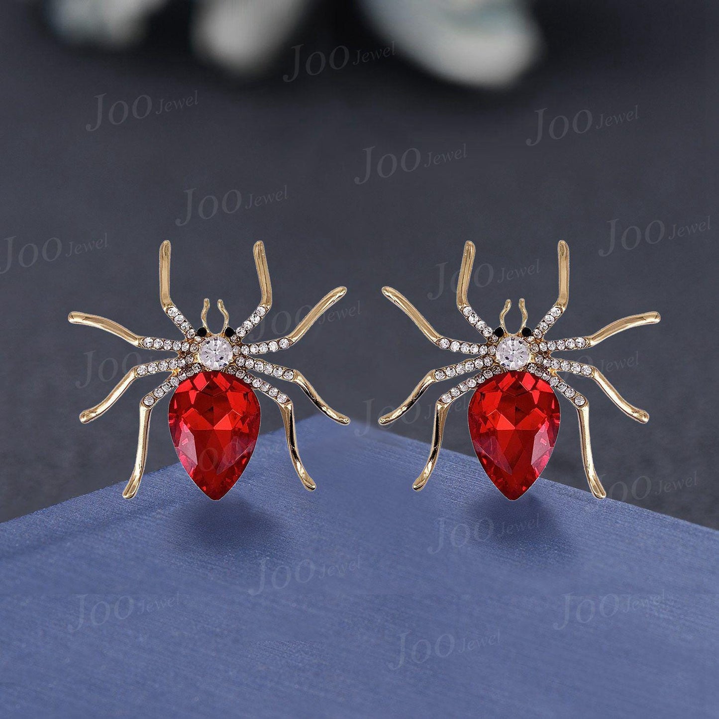 14K Solid Gold Spider with Natural Garnet Stud Earrings Vintage Antique Pear Cut Natural Garnet Stud Earrings for Women Girl Butterfly Back