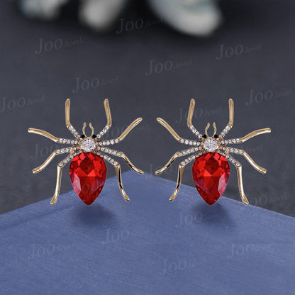 14K Solid Gold Spider with Natural Garnet Stud Earrings Vintage Antique Pear Cut Natural Garnet Stud Earrings for Women Girl Butterfly Back