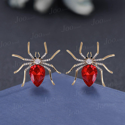 14K Solid Gold Spider with Natural Garnet Stud Earrings Vintage Antique Pear Cut Natural Garnet Stud Earrings for Women Girl Butterfly Back