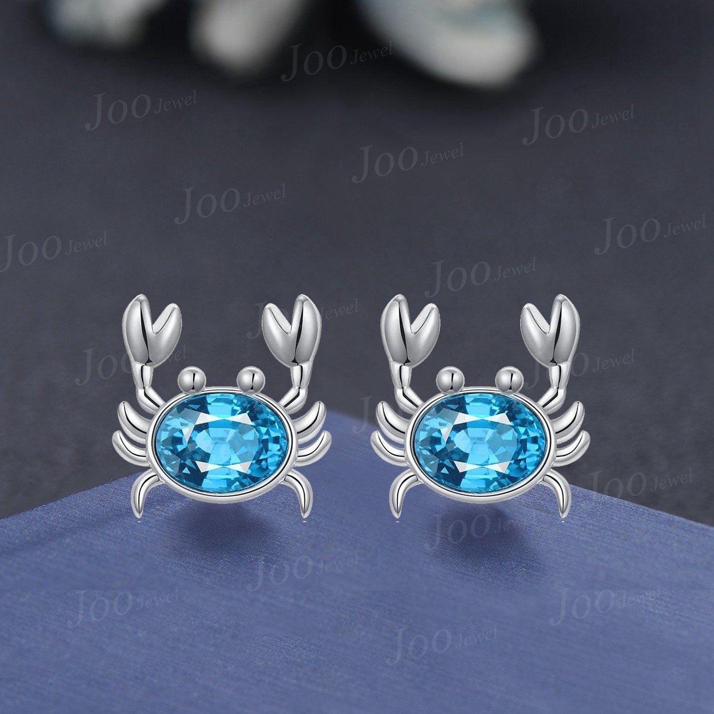 1.5ct Oval Natural Swiss Blue Topaz Crab Drop Earrings Sterling Silver Earrings Cutie Ocean Crab Waterproof Hypoallergenic Studs for Women