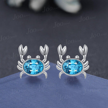 1.5ct Oval Natural Swiss Blue Topaz Crab Drop Earrings Sterling Silver Earrings Cutie Ocean Crab Waterproof Hypoallergenic Studs for Women