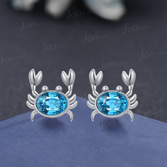 1.5ct Oval Natural Swiss Blue Topaz Crab Drop Earrings Sterling Silver Earrings Cutie Ocean Crab Waterproof Hypoallergenic Studs for Women