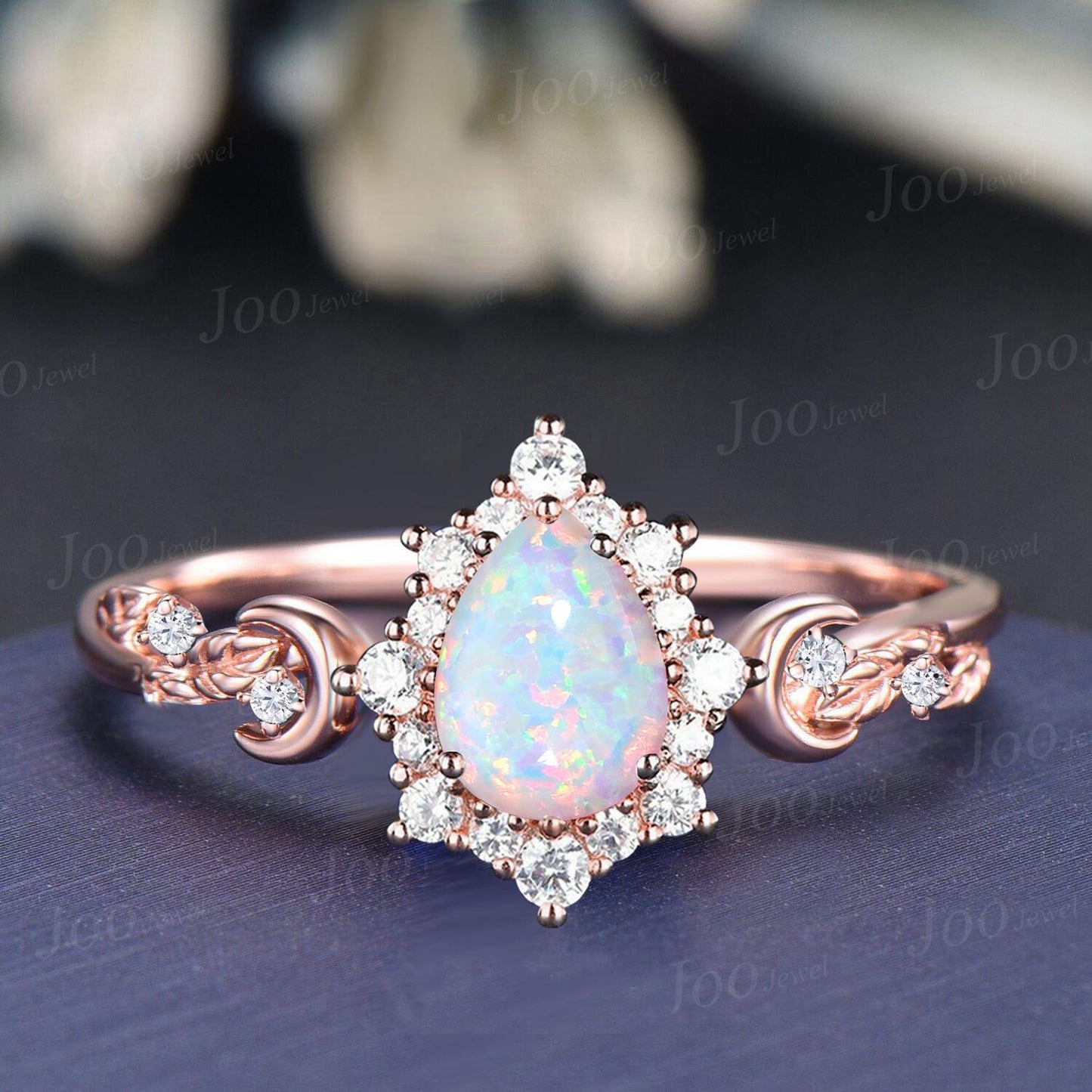 Pear Cut Opal Wedding Ring Moissanite Halo Opal Engagement Ring Leaf Moon Design White Opal Pearl Bridal Ring Unique Birthday Gifts for Her