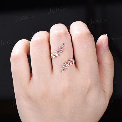 Vintage Opal Pearl Leaf Enhancer Nature Wedding Band Nesting Stacking Matching Ring Solid 14K Rose Gold Jacket Double Wedding Band Women