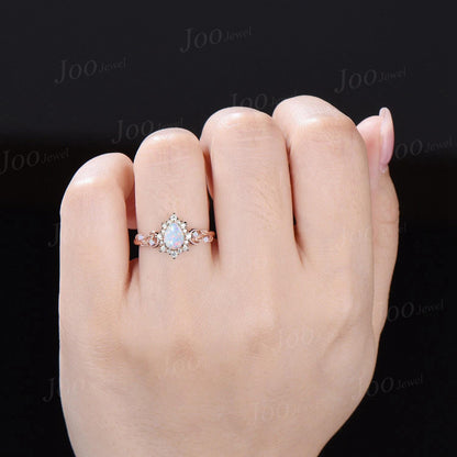 Pear Cut Opal Wedding Ring Moissanite Halo Opal Engagement Ring Leaf Moon Design White Opal Pearl Bridal Ring Unique Birthday Gifts for Her