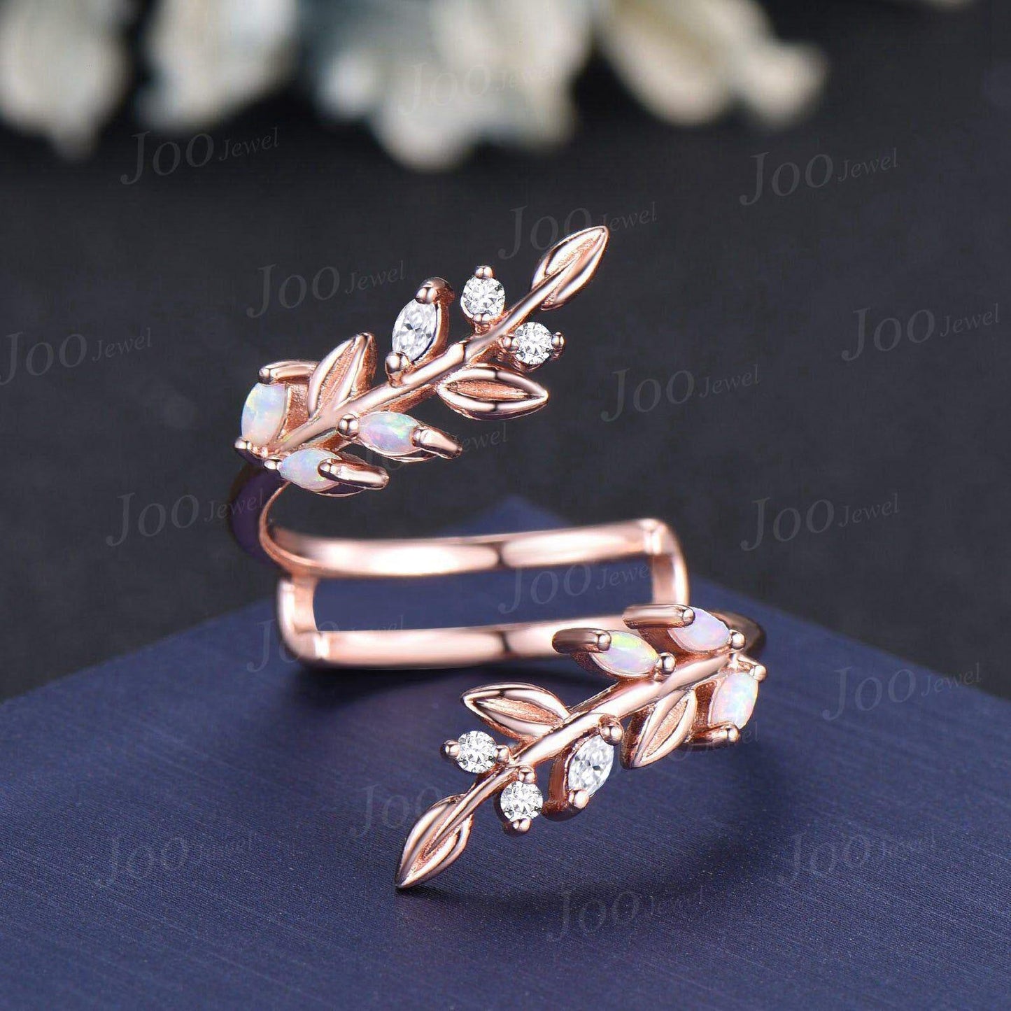 Vintage Opal Pearl Leaf Enhancer Nature Wedding Band Nesting Stacking Matching Ring Solid 14K Rose Gold Jacket Double Wedding Band Women