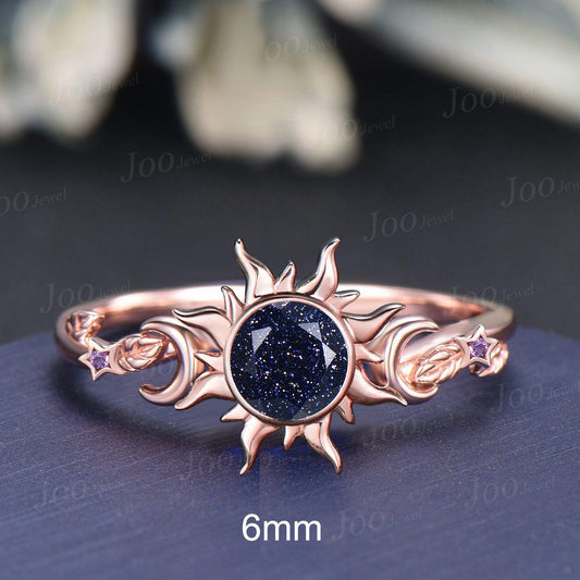 Round Cut Galaxy Blue Sandstone Sun Leaf Engagement Ring Celestial Wedding Rings Unique Anniversary Gifts Moon Star Amethyst Promise Rings