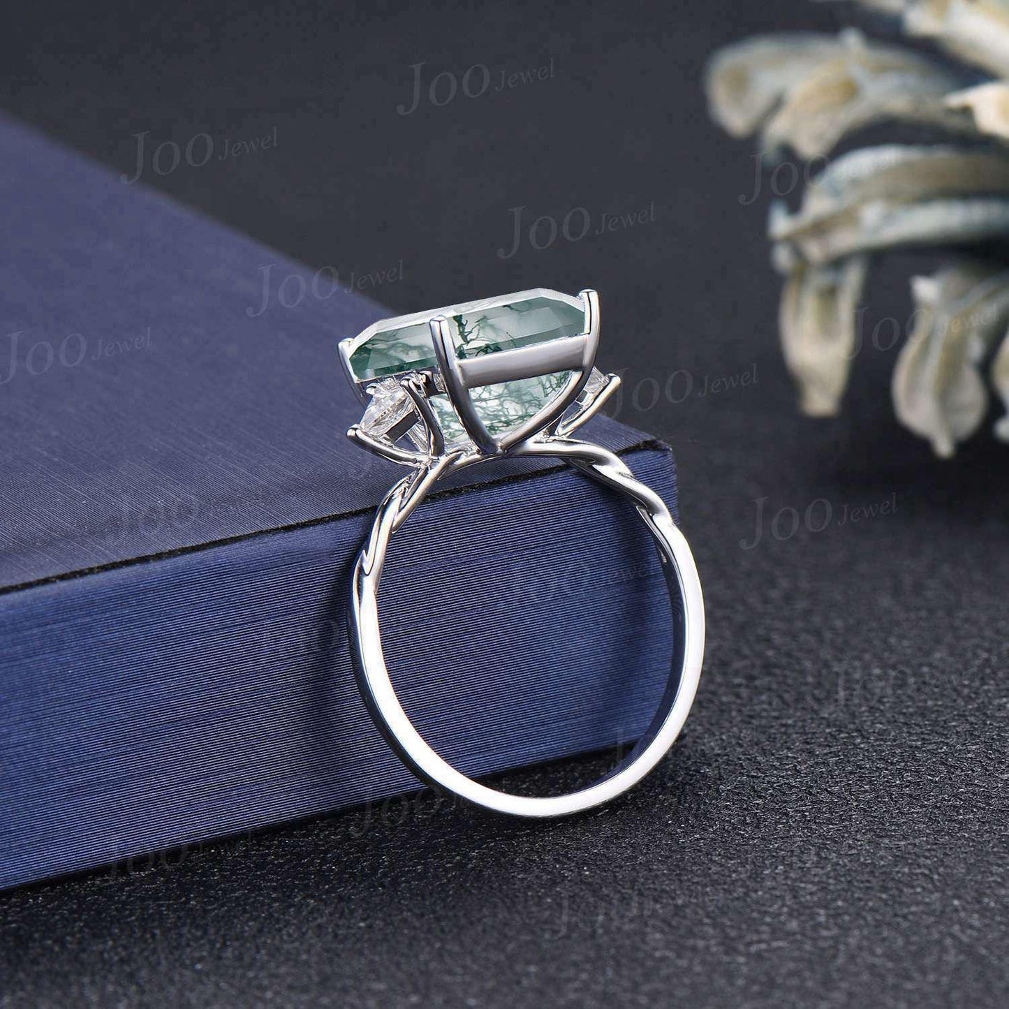 8ct Natural Moss Agate Engagement Ring, Octagon/Emerald Cut Wedding Ring with Triangular Moissanite, Unique Luxury Proposal Rings Platinum