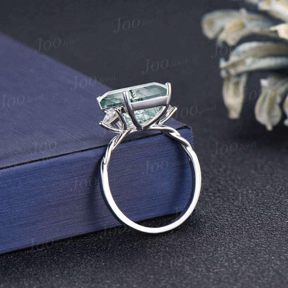 8ct Natural Moss Agate Engagement Ring, Octagon/Emerald Cut Wedding Ring with Triangular Moissanite, Unique Luxury Proposal Rings Platinum
