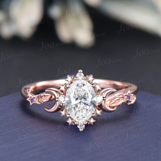 Moon Star Moissanite Engagement Ring 14K Rose Gold Oval Wedding Ring Romantic Moissanite Diamond Amethyst Leaf Branch Bridal Ring for Women